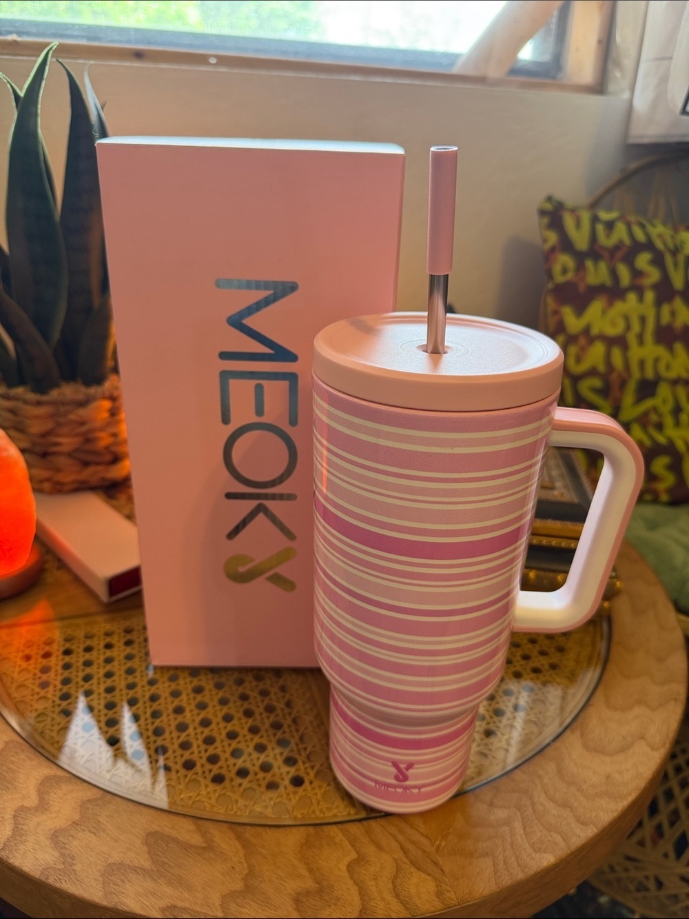 20oz Pink Striped Insulated Travel Mug with Straw